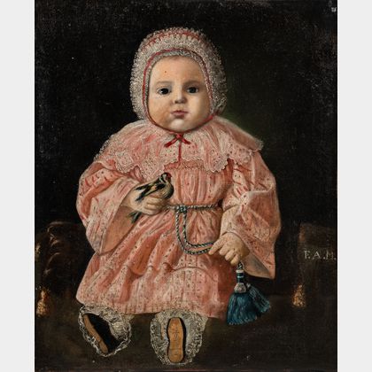 European School, 18th Century Seated Baby Holding a Goldfinch