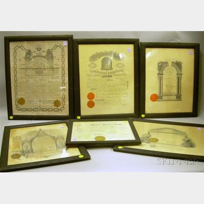 Six Framed Lithograph 1911-1916 Fraternal Certificates
