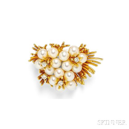 18kt Gold, Cultured Pearl, and Diamond Brooch