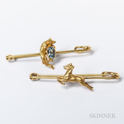 Two Low-karat Gold Figural Bar Brooches