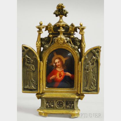 Small German Cast Brass Shrine with Oval Hand-painted Porcelain Portrait Depicting the Sacred Heart of Jesus