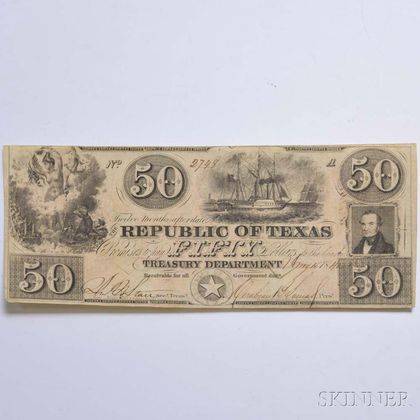 Republic of Texas $50 Note. Estimate $200-400