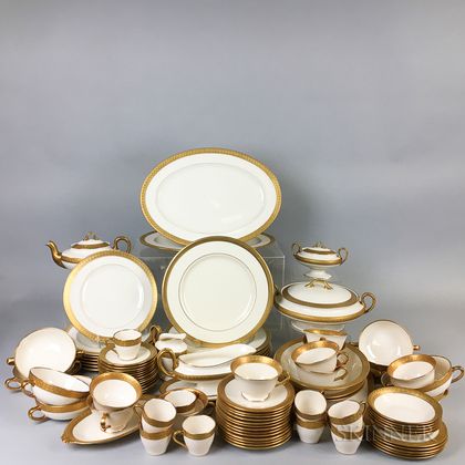 Approximately Ninety Pieces of Morgan Belleek Gilt-rimmed Porcelain Tableware. Estimate $300-500