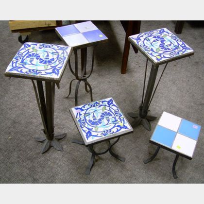 Five Tile-top Wrought Iron Plant Stands. 