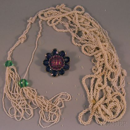Gem-set Flower Brooch and Seed Bead Necklace