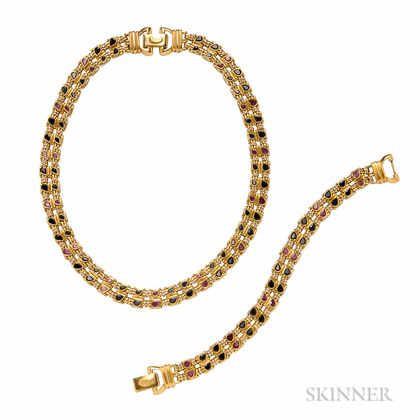 18kt Gold Gem-set Necklace and Bracelet