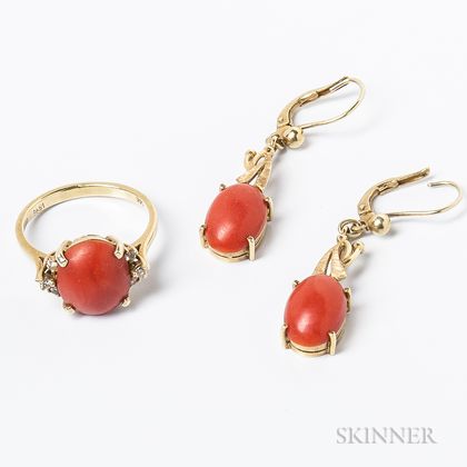 14kt Gold and Coral Ring and Earpendants