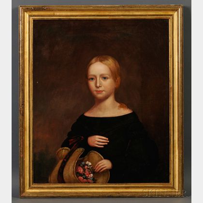 American School, 19th Century Portrait of a Girl with a Straw Hat Filled with Flowers, 