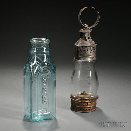 Blown-molded "ATMORE'S" Gothic Pickle Bottle and Tin and Glass "V.C.R.R." Lantern