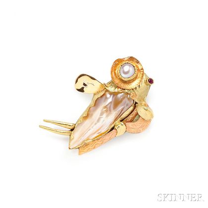18kt Bicolor Gold and Baroque Freshwater Pearl Pendant/Brooch, Margaret Barnaby