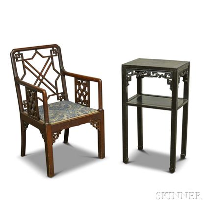 Chinese Carved Hardwood Stand and Armchair