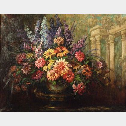 Elizabeth Shippen Green Elliott (American, 1871-1954) Large Floral Still Life Before a Classical Backdrop