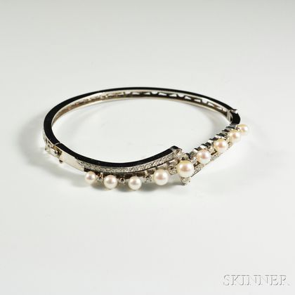 14kt White Gold, Cultured Pearl, and Diamond Hinged Bangle