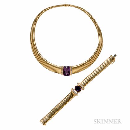 14kt Gold, Amethyst, and Diamond Necklace and Bracelet