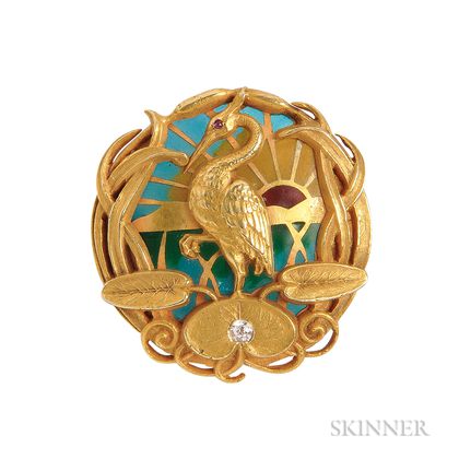 Art Nouveau 14kt Gold, Plique-a-jour Enamel, and Diamond Watch Pin, Riker Bros.