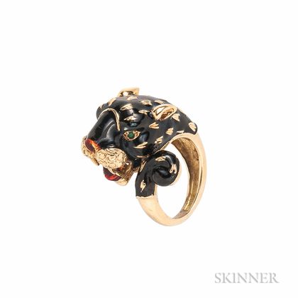 18kt Gold and Enamel Panther Ring