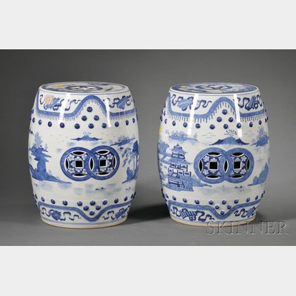 Pair of Asian Export Blue and White Porcelain Garden Seats