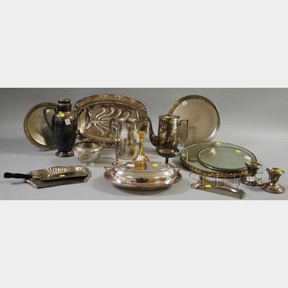 Fifteen Pieces of Silver-plated and Metal Hollowware, Trays, and Two Mirrored Plateaux. 