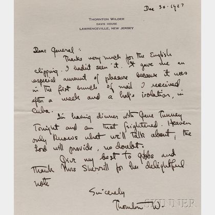 Wilder, Thornton (1897-1975) Autograph Letter Signed, 30 December 1927.