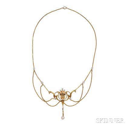 Art Nouveau 14kt Gold, Citrine, Pearl, and Diamond Lavaliere