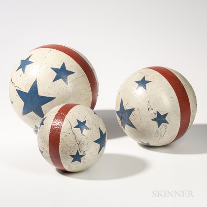 Set of Three Stars- and Stripes-painted Wooden Circus Balls