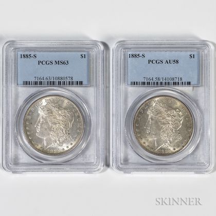 Two 1885-S Morgan Dollars, PCGS MS63 and AU58. Estimate $300-500
