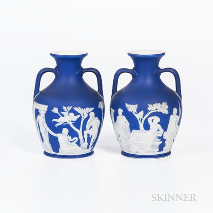 Pair of Wedgwood Dark Blue Jasper Dip Portland Vases