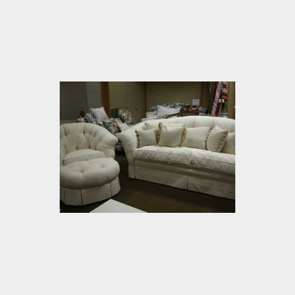 Continental-style White Upholstered Settee, Armchair and Ottoman