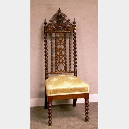 Victorian Gothic Revival Upholstered Carved and Turned Hall Chair. 