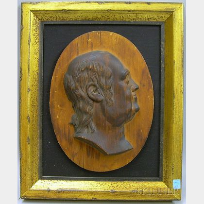 Giltwood Framed Carved Pine Profile Bust of Ben Franklin
