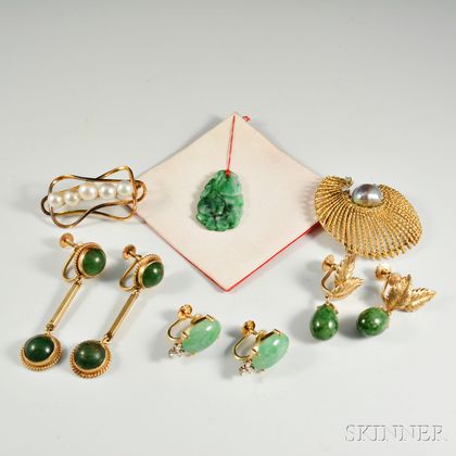 Group of Gold and Green Hardstone Jewelry
