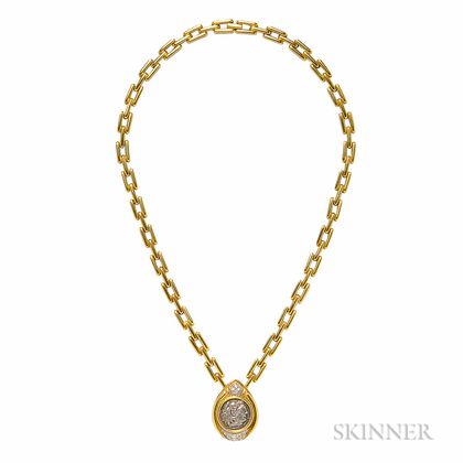 18kt Gold, Silver Coin, and Diamond Necklace