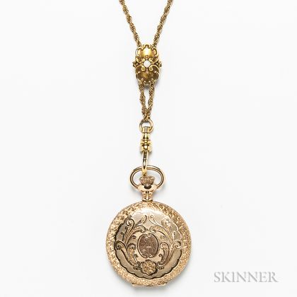 Waltham 14kt Gold Hunter-case Pocket Watch with Chain and 14kt Gold and Mother-of-pearl Slide