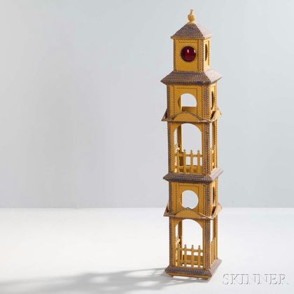 Tramp Art Tower with Mustard Paint 