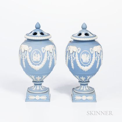 Pair of Wedgwood Solid Light Blue Jasper Potpourri Vases and Covers