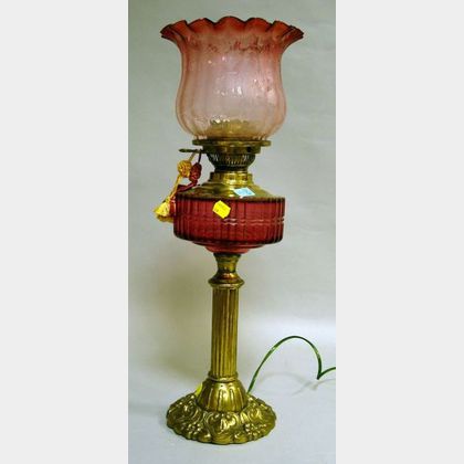 Cranberry Glass and Ormolu Oil Lamp with Etched Glass Shade. 