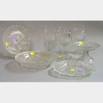 Four Lacy Glass Plates, a Bowl and a Compote, and a Set of Three New England Pineapp Pattern Glass Goblets. 