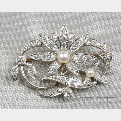 Edwardian Pearl and Diamond Flower Brooch