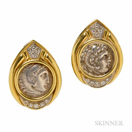 18kt Gold, Silver Coin, and Diamond Earrings