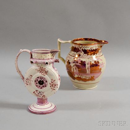 Two Staffordshire Pink Lustre Jugs