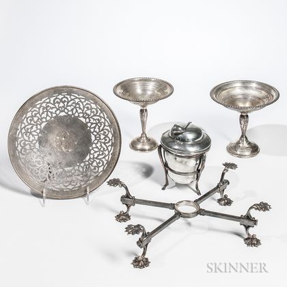 Gorham Sterling Silver Reticulated Dish, Two Weighted Compotes, Silver-plated Tobacco Box, and Dish Cross