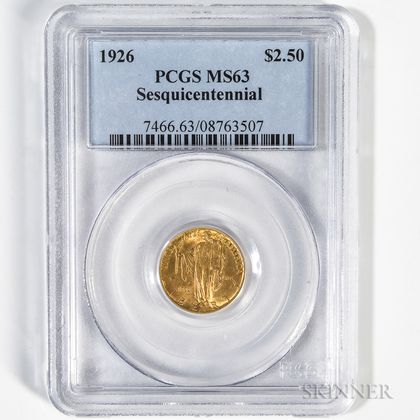 1926 $2.50 Sesquicentennial Commemorative Gold Coin, PCGS MS63. Estimate $300-500