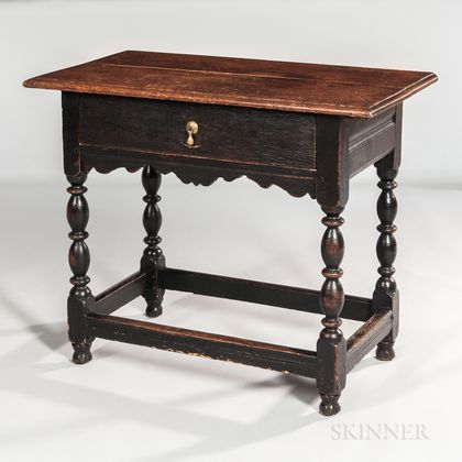 Early Black-painted Oak and Pine Tavern Table with Drawer