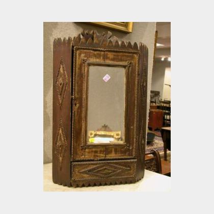Tramp Art Painted and Mirrored Hanging Corner Cabinet. 