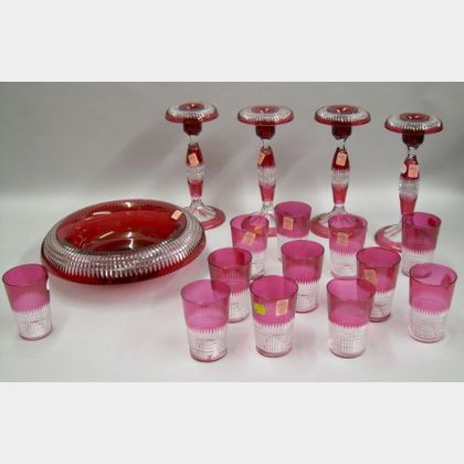 Ruby Flash Cut-to-Clear Glass Centerbowl, Set of Twelve Tumblers, and Set of Four Candlesticks. 