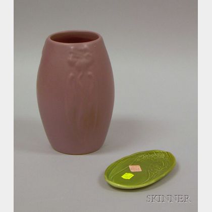 Rookwood Pottery Matte Green Glazed Lily of the Valley Pattern Pin Tray and an Art Pottery Matte Glazed Vase