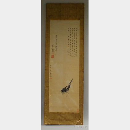 Chinese Ink and Watercolor on Paper Hanging Scroll Depicting an Inscription and a Mouse
