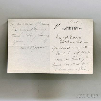 Roosevelt, Sara (1854-1941) Autograph Note, Signed.