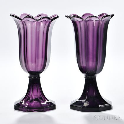 Two Amethyst Pressed Glass Tulip Vases