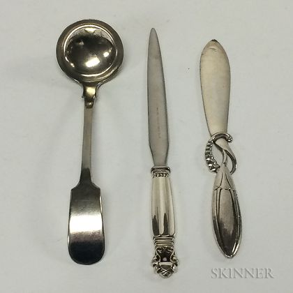 Georg Jensen Sterling Silver Butter Knife, Georg Jensen Letter Opener, and Silver-plated Ladle